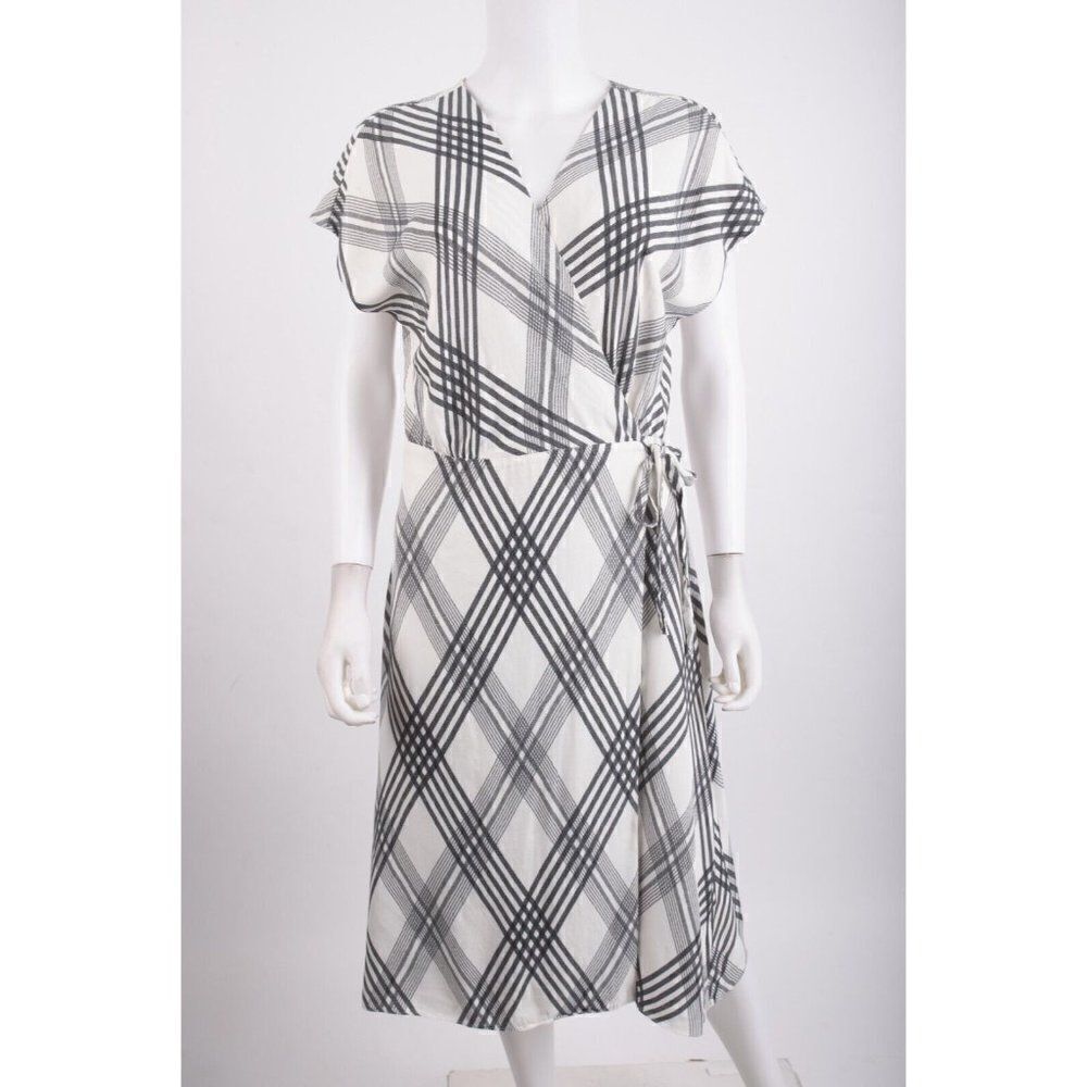 Joie Womans Bethwyn Plaid Wrap Dress Size L Gray White V-Neck short sleeve